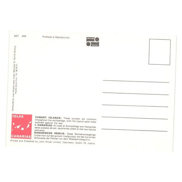 Canary Islands Sunset Vintage Postcard Palm Silhouette Ocean Scene John Hinde - Picture 2 of 2